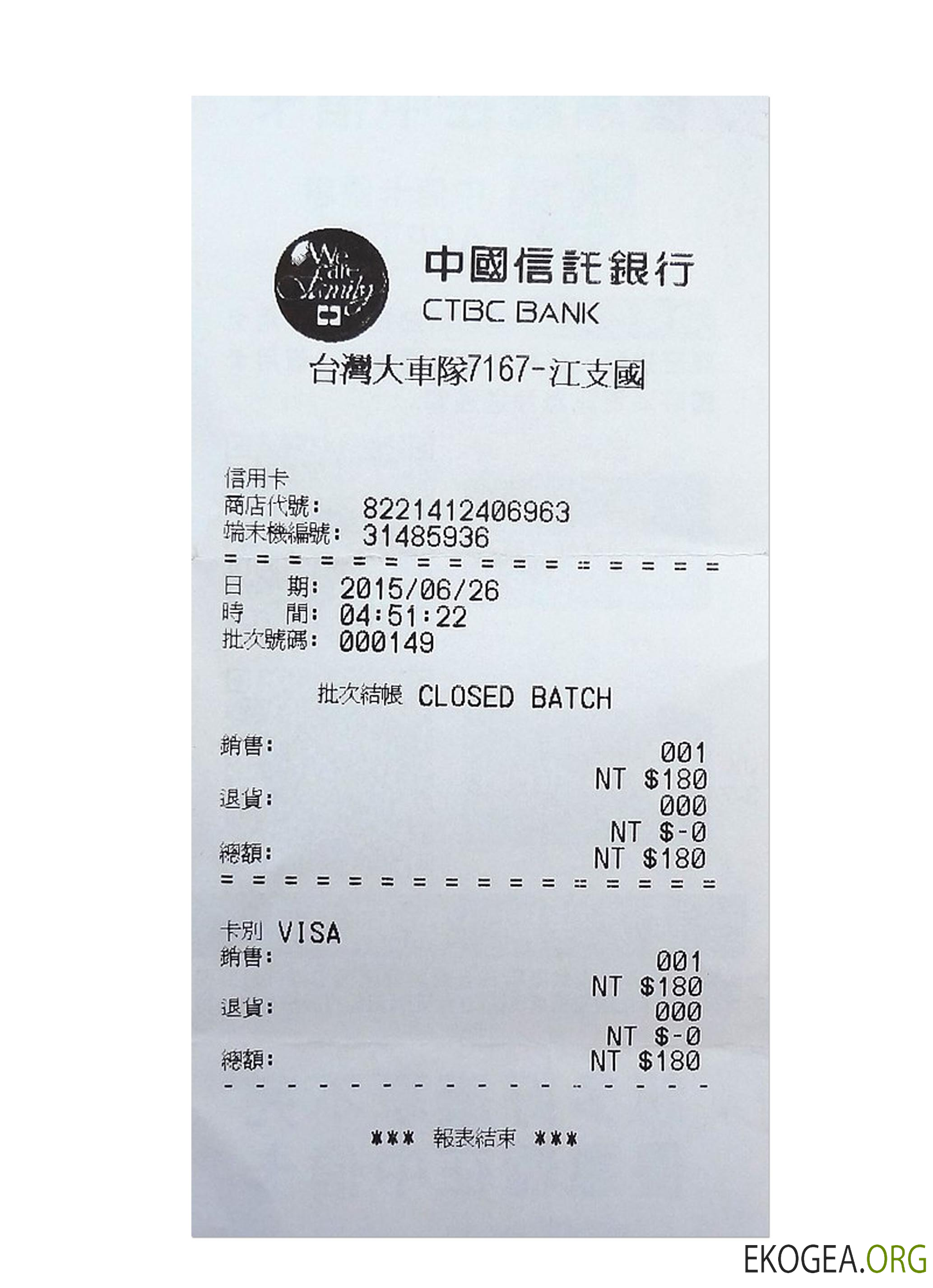 Reçu de paiement CTBC BANK